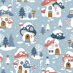 Seamless vector pattern with cute winter mushroom houses, snowflakes and snowy trees. Hand drawn  Christmas wallpaper design. Perfect for textile, wallpaper or nursery print design.