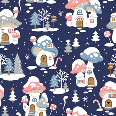 Seamless vector pattern with cute winter mushroom houses, snowflakes and snowy trees. Hand drawn  Christmas wallpaper design. Perfect for textile, wallpaper or nursery print design.