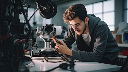 Young male technician repairing mobile phone - obrazy, fototapety, plakaty