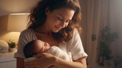 Loving mom carying of her newborn baby at home. Bright portrait of happy mum holding sleeping infant child on hands. Mother hugging her little 2 months old son