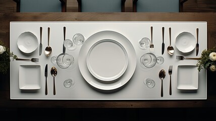 Obraz premium a pristine marble dining table, featuring neatly arranged white ceramic plates on stands, gleaming silverware, condiment bottles, and crisp napkins.