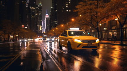 Fototapeta na wymiar A taxi through the city streets on a quiet autumn night