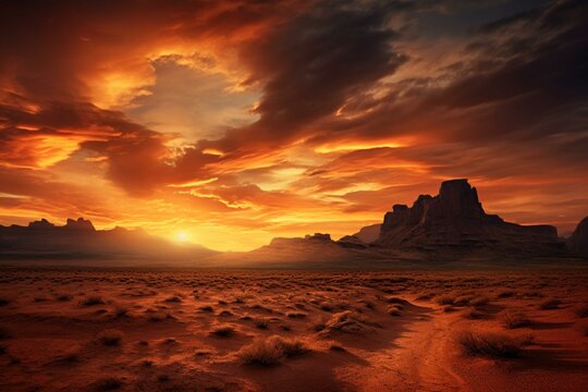 Gorgeous sunrise illuminates the desert landscape. Generative AI