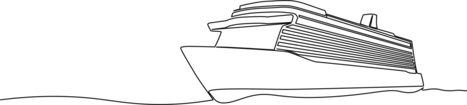 continuous single line drawing of large cruise ship on ocean, line art vector illustration