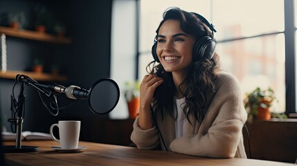 Young ethnic woman recording radio podcast - Millennial female content creator working from home studio - Creative people and freelancer lifestyle concept - obrazy, fototapety, plakaty