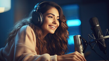 Young ethnic woman recording radio podcast - Millennial female content creator working from home studio - Creative people and freelancer lifestyle concept