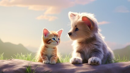 a curious puppy tenderly embracing a tiny kitten. Both pets gaze upwards in unison, their eyes filled with wonder and innocence, set against a clean white background. - Powered by Adobe