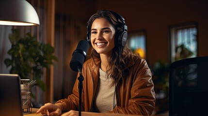 Young ethnic woman recording radio podcast - Millennial female content creator working from home studio - Creative people and freelancer lifestyle concept