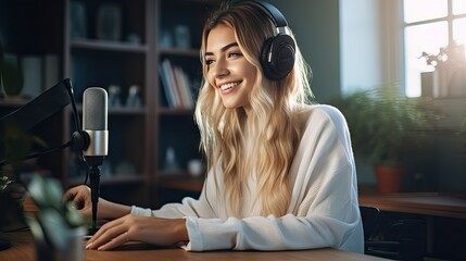 Young ethnic woman recording radio podcast - Millennial female content creator working from home studio - Creative people and freelancer lifestyle concept