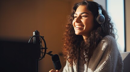Young ethnic woman recording radio podcast - Millennial female content creator working from home studio - Creative people and freelancer lifestyle concept