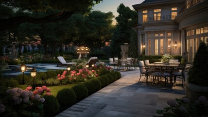 The marble tile deck glows with gentle lighting, leading the way to elegant flower beds and a well-kept lawn. The presence of a lamp and subtle outdoor lighting creates an idyllic atmosphere