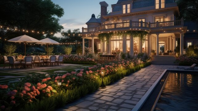 The marble tile deck glows with gentle lighting, leading the way to elegant flower beds and a well-kept lawn. The presence of a lamp and subtle outdoor lighting creates an idyllic atmosphere