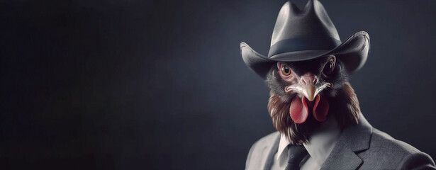 Rooster gentleman in a suit, tie, hat and glasses on a black background. AI generated. - obrazy, fototapety, plakaty