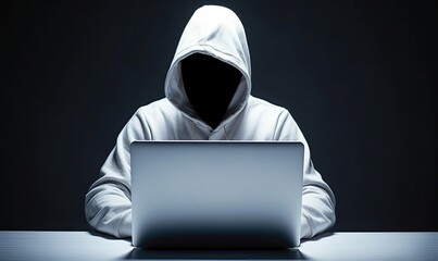 Anonymous hacker with white hoodie typing computer laptop. Concept of ethical hacking. Cybersecurity, Cybercrime, Cyberattack, Generative AI