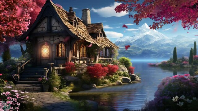 Anime video background beautiful view of paradise fantasy island with rainbow, lake, mountain, wooden house cartoon style video art design