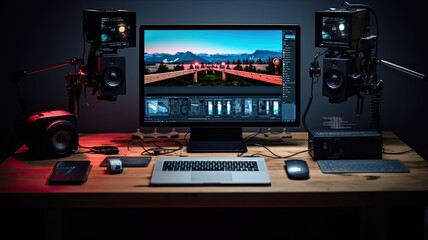 A sleek, minimalist home office setup for a photographer, featuring a computer, camera lens, and a clean, modern interior design.