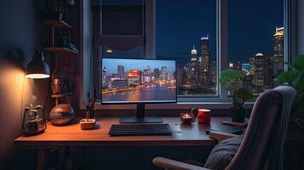 A sleek, minimalist home office setup for a photographer, featuring a computer, camera lens, and a clean, modern interior design. - obrazy, fototapety, plakaty