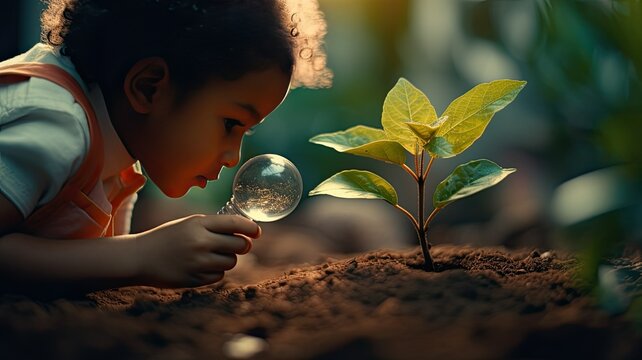 A young child, filled with curiosity, examines a vibrant green plant with a magnifying glass. Their eager eyes are fixed on the intricate details of the plant's leaves and stems