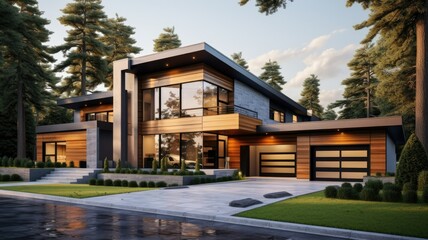 a new home with a low-pitch roof, siding, and a beautifully designed garage door. The house exudes a sense of modern style and curb appeal.