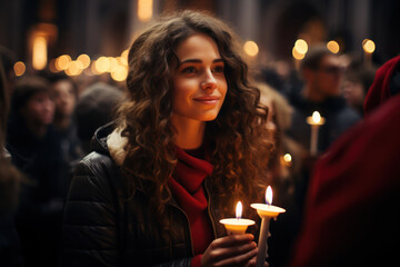 A candlelit vigil on Christmas Eve, with worshipers holding candles during a midnight service. Generative Ai.