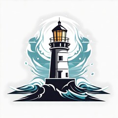 A logo for a business or sports team featuring a fictional lighthouse surrounded rough waves that is suitable for a t-shirt graphic.