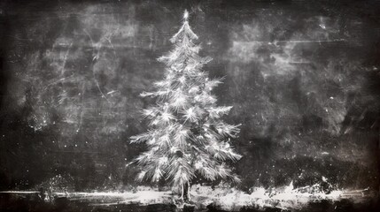 White chalk drawing of a Christmas tree with star on a blackboard. Xmas tree artistic illustration, white on textured black background. - obrazy, fototapety, plakaty