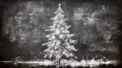 Foto op Plexiglas White chalk drawing of a Christmas tree with star on a blackboard. Xmas tree artistic illustration, white on textured black background. © Caphira Lescante