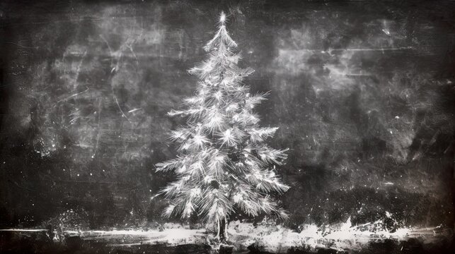 White chalk drawing of a Christmas tree with star on a blackboard. Xmas tree artistic illustration, white on textured black background.