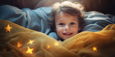 Small boy with cute face and blue eyes going to sleep in his bed
