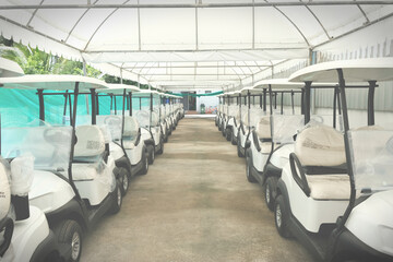 New golf carts parked in parallel and ready for delivery. 