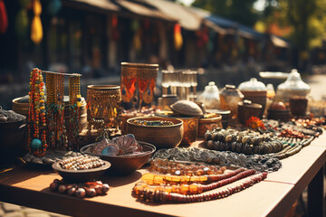 Street vendors selling traditional Polish souvenirs, including amber jewelry and wooden handicrafts. Generative Ai.