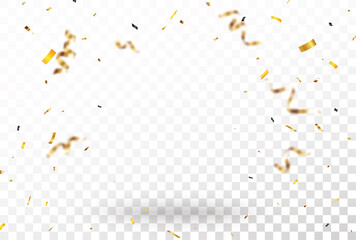 Gold confetti and ribbon, celebrations banner, isolated on transparent background