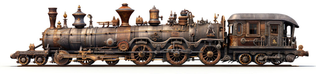 Fototapeta na wymiar Train locomotive wagon in steampunk style symbolic isolated on white background. Concept generative AI image. Symbol of movement and freedom