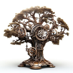 Beautiful tree in steampunk style symbolic isolated on white background. Concept generative AI image. Symbol of steam nature