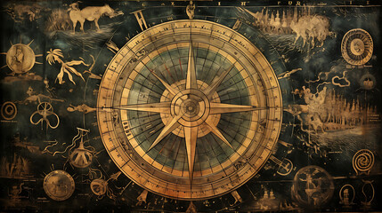Fototapeta na wymiar Ancient mariners navigating the vast oceans using primitive compasses and star maps, highlighting early exploration and discoveries