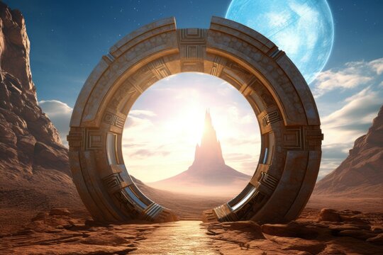 Alien round gates fantasy. Universe planet. Generate Ai