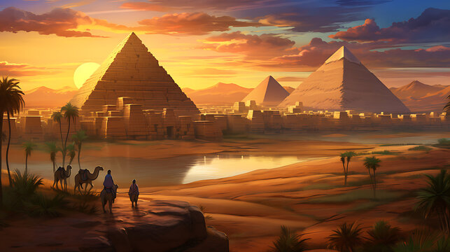 A serene ancient Egyptian landscape, with workers constructing monumental pyramids under the watchful eyes of the Sphinx