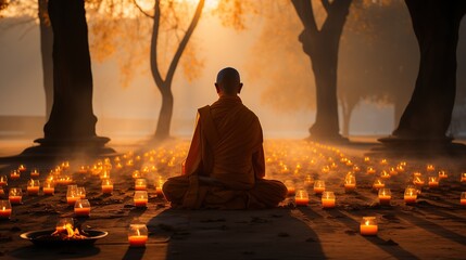 Buddhist monk from back sitting in meditation