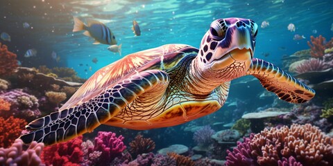 Obraz na płótnie Canvas Portrait of a Sea Turtle Swimming in the Sea