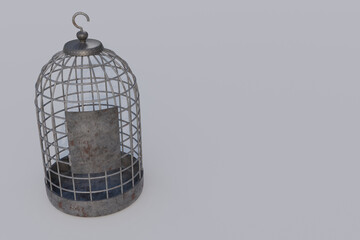 silver bird cage isolated on a white with empty space. 3d render illustration