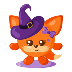 Funny cute kawaii Halloween fox with witch hat in flat design with shadows. Isolated animal vector illustration	