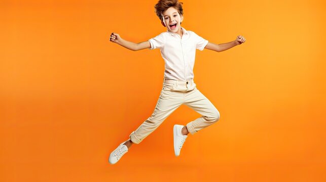 Full length portrait of a cheerful young boy jumping isolated over orange background, copy space, ai generative