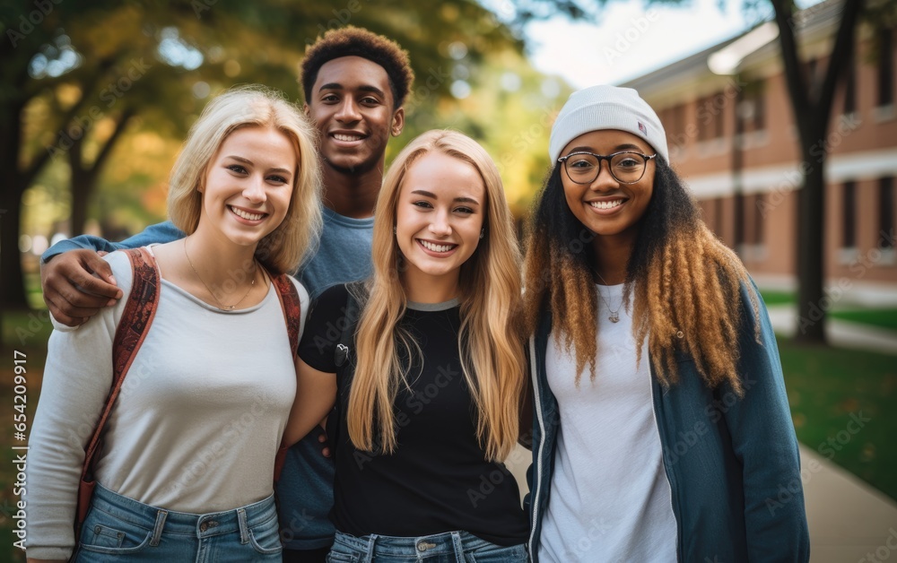 Wall mural smiling portrait of a diverse group of students on a college campus. generative ai