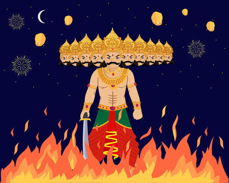 Indian festival Dussehra greeting with Ravana Dahan vijaya dashami 