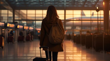 Travel concept with back view young tourist woman holding the luggage and looking the airplane in the hall room with sunlight at the airport. - obrazy, fototapety, plakaty