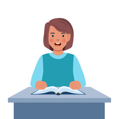 Primary school girl pupil sit at desk. Elementary education. Kid getting knowledge on lesson in class. Vector illustration.