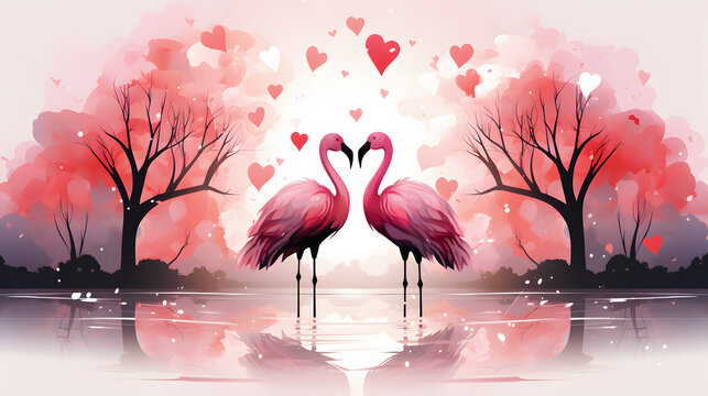 Happy couple pink flamingo falling in love.