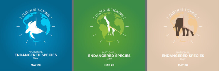 Clock is ticking concept. National Endangered Species Day, World Animal Day. Silhouette of giraffe, turtle, elephant. Awareness for illegal hunting, killing, and animal abuse. Vector Illustration. Set