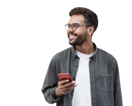 Young handsome man using smartphone isolated transparent PNG. Smiling student men with mobile phone looking away to copy space isolated portrait. Modern lifestyle, connection, business concept - Powered by Adobe