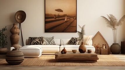 Minimalist room decor featuring a Kinara and African fabrics - obrazy, fototapety, plakaty